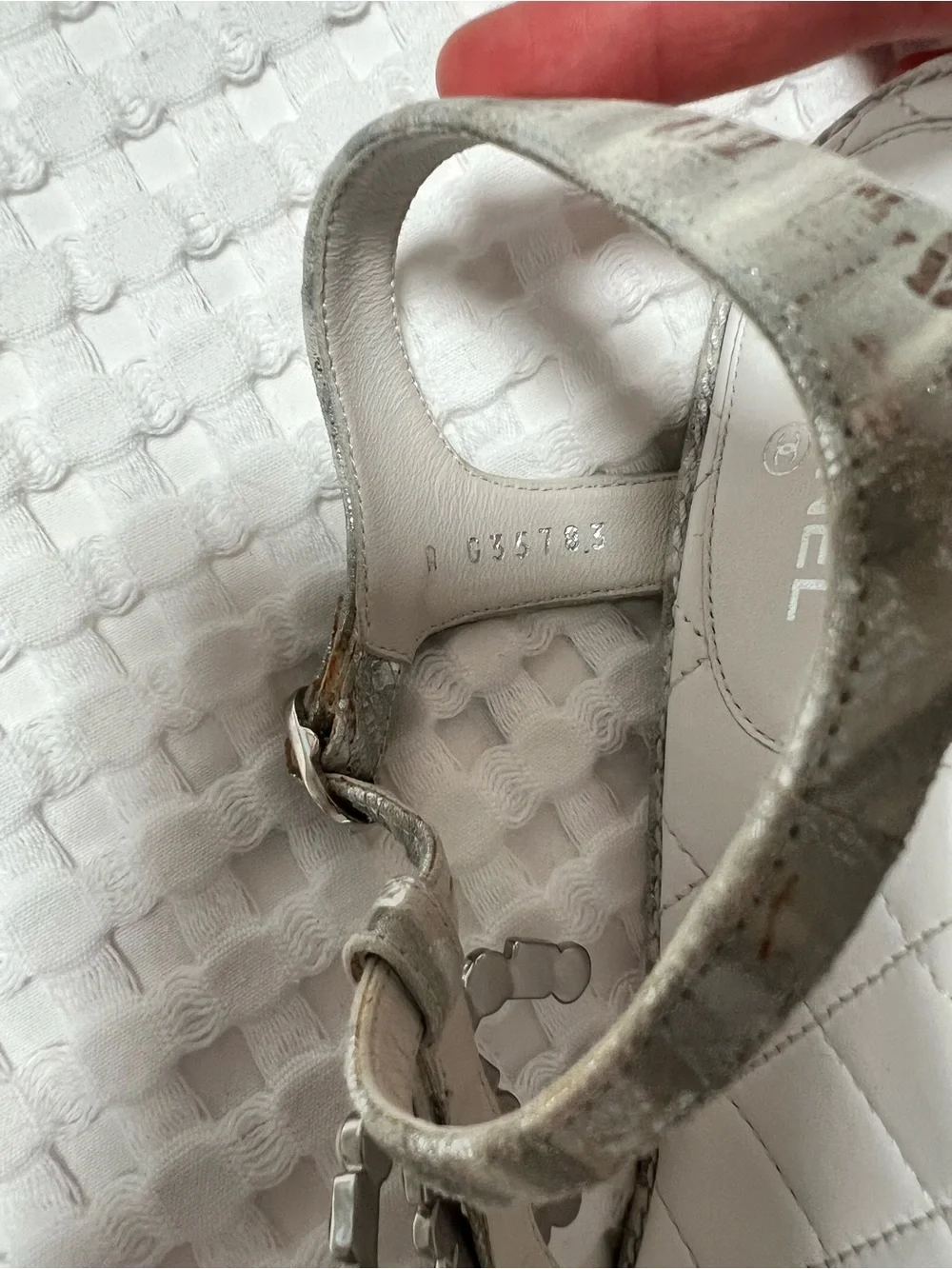 CHANEL White Silver Jeweled CC Logo Heeled Thong Sandals
